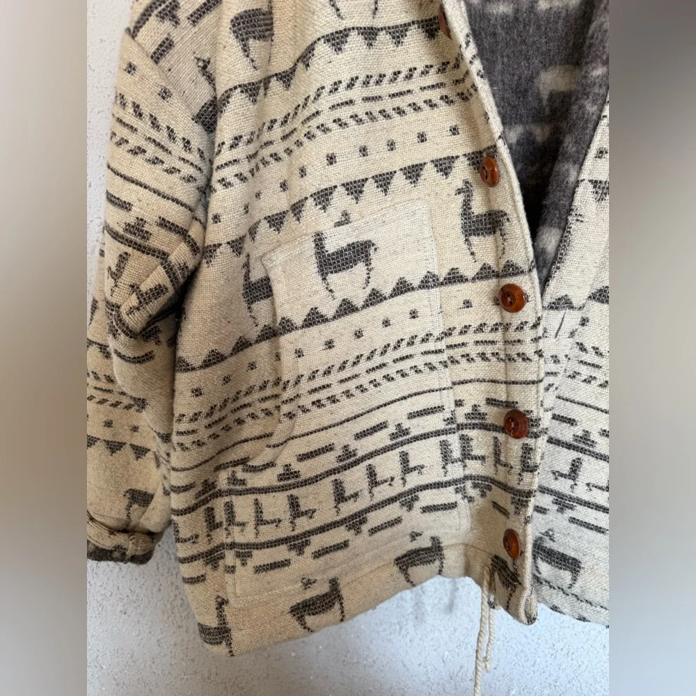 J. Peterman Beige and Brown Patterned Hooded Bomber Jacket 85% wool/15% cotton